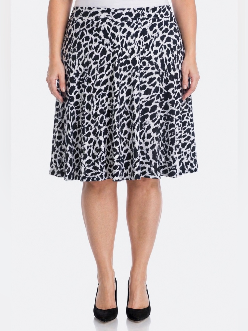 Navy and White Animal-Print Belted Flare Skirt.